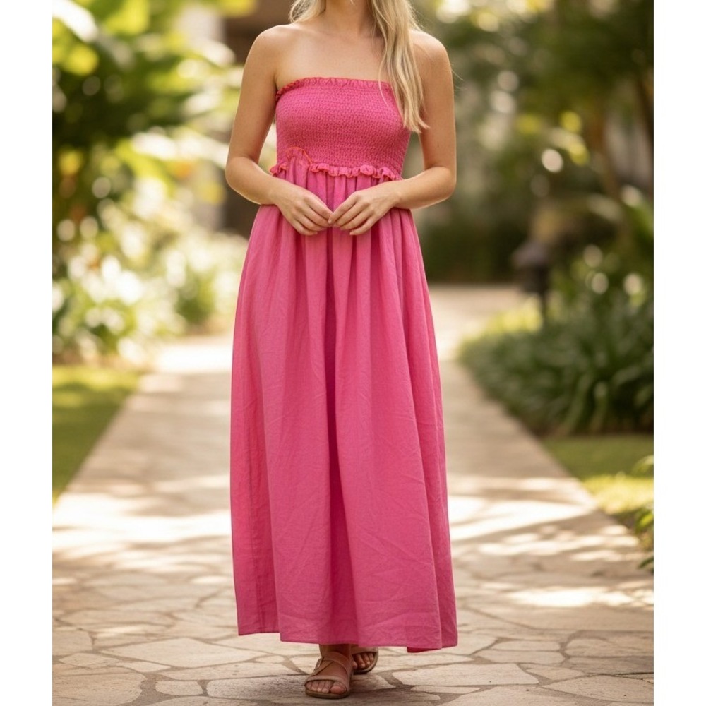 Pomander Place Tuckernuck Fuchsia Pink Strapless Jessie Smocked Cotton Dress M